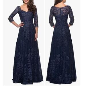 La Femme Floral Embroidered Mesh A-Line Gown Navy Dress Size 14 NWT